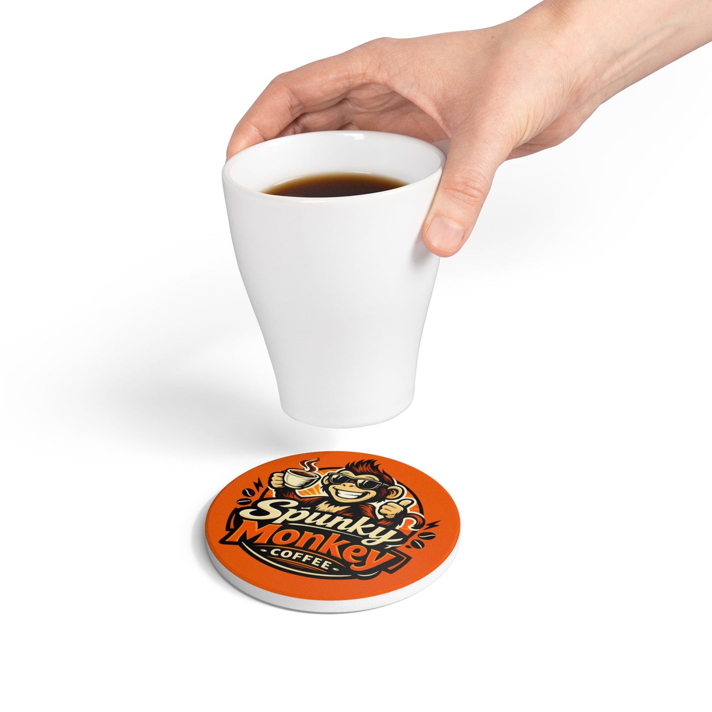 Spunky Monkey Ceramic Coaster — Retro Orange Logo Drink Mat