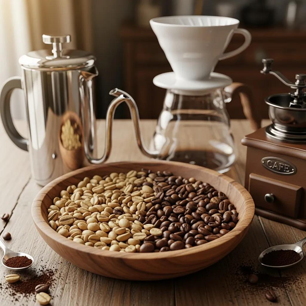 Assorted single origin coffee beans in a rustic bowl with brewing equipment