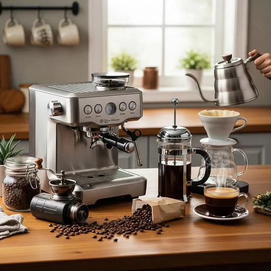 Coffee brewing setup with pour over dripper, French press, and espresso machine showcasing various brewing methods