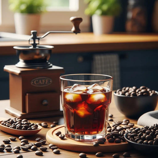 Cold brew coffee in a glass with ice, surrounded by coffee beans and a grinder in a cozy kitchen setting
