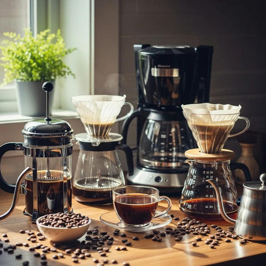 Cozy kitchen scene with various coffee brewing equipment and freshly brewed coffee