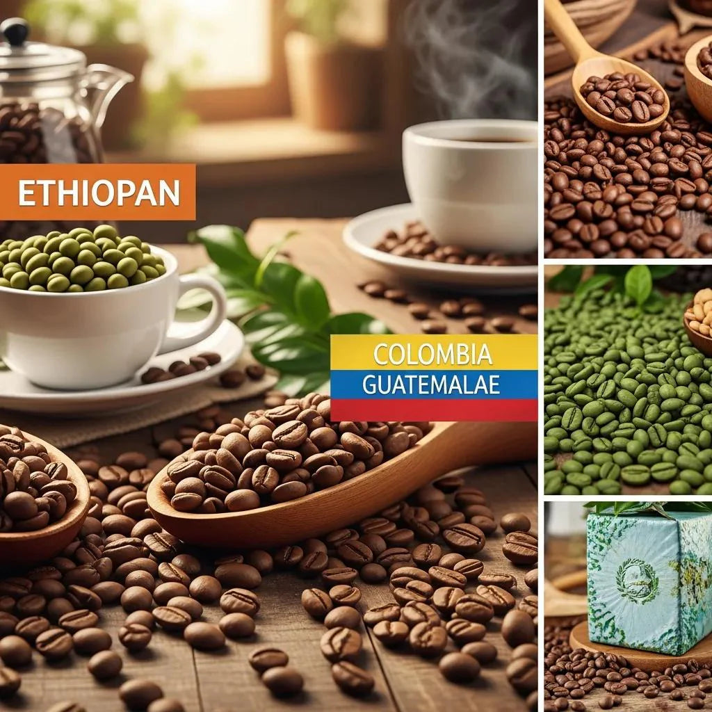 Diverse coffee beans from Ethiopia, Colombia, and Guatemala displayed in a cozy setting, emphasizing their unique flavor profiles