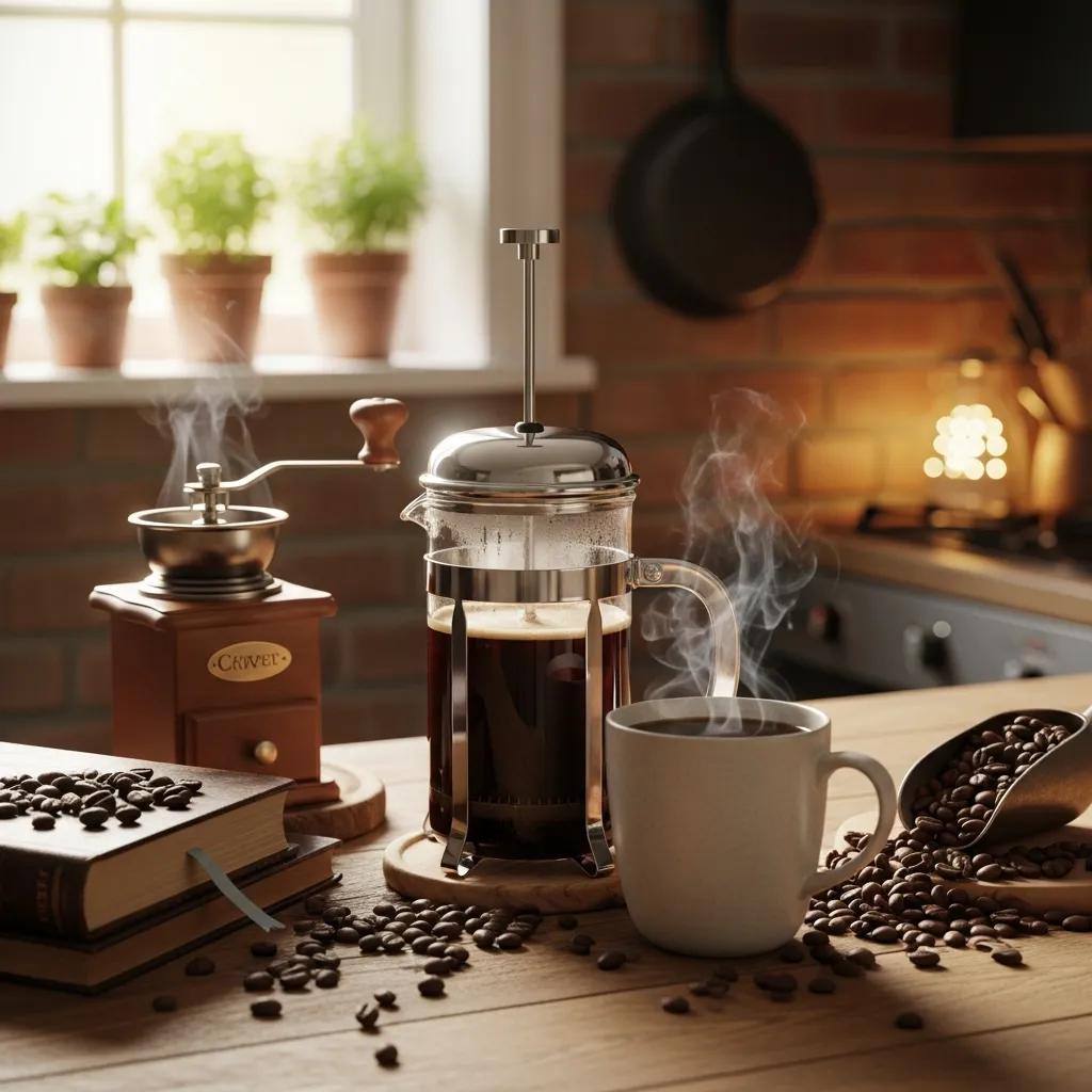 French press coffee setup with a steaming cup and coffee beans, showcasing the art of brewing