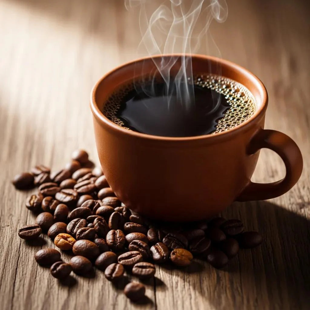 Freshly brewed coffee cup with coffee beans on a rustic wooden table