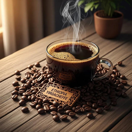 Freshly brewed coffee cup with coffee beans on a rustic wooden table, highlighting coffee origins