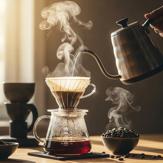 Pour over coffee setup with coffee maker, kettle, and ground coffee beans