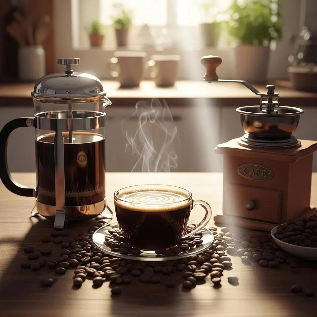 Steaming cup of strong coffee with coffee beans and brewing equipment in a cozy kitchen