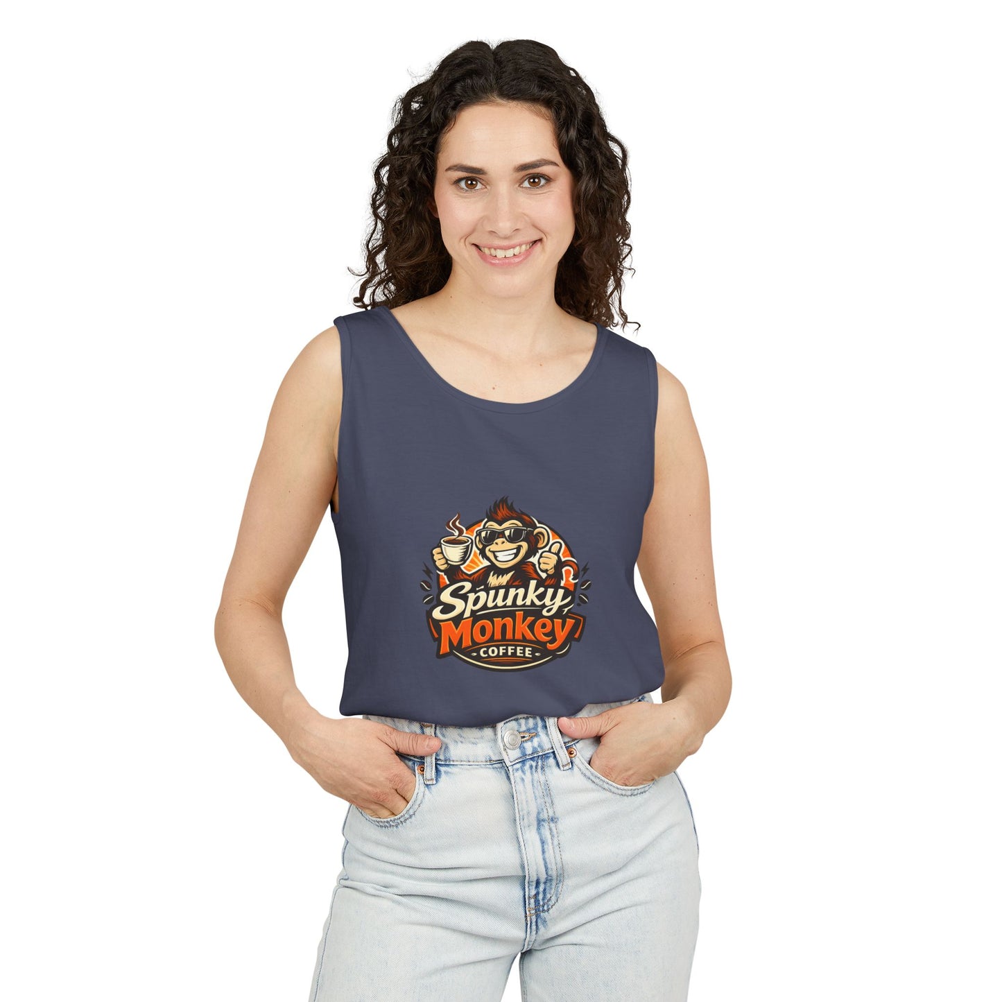Spunky Monkey Coffee Logo Tank Top — "Get Spunky!" Retro Coffee Shop Graphic