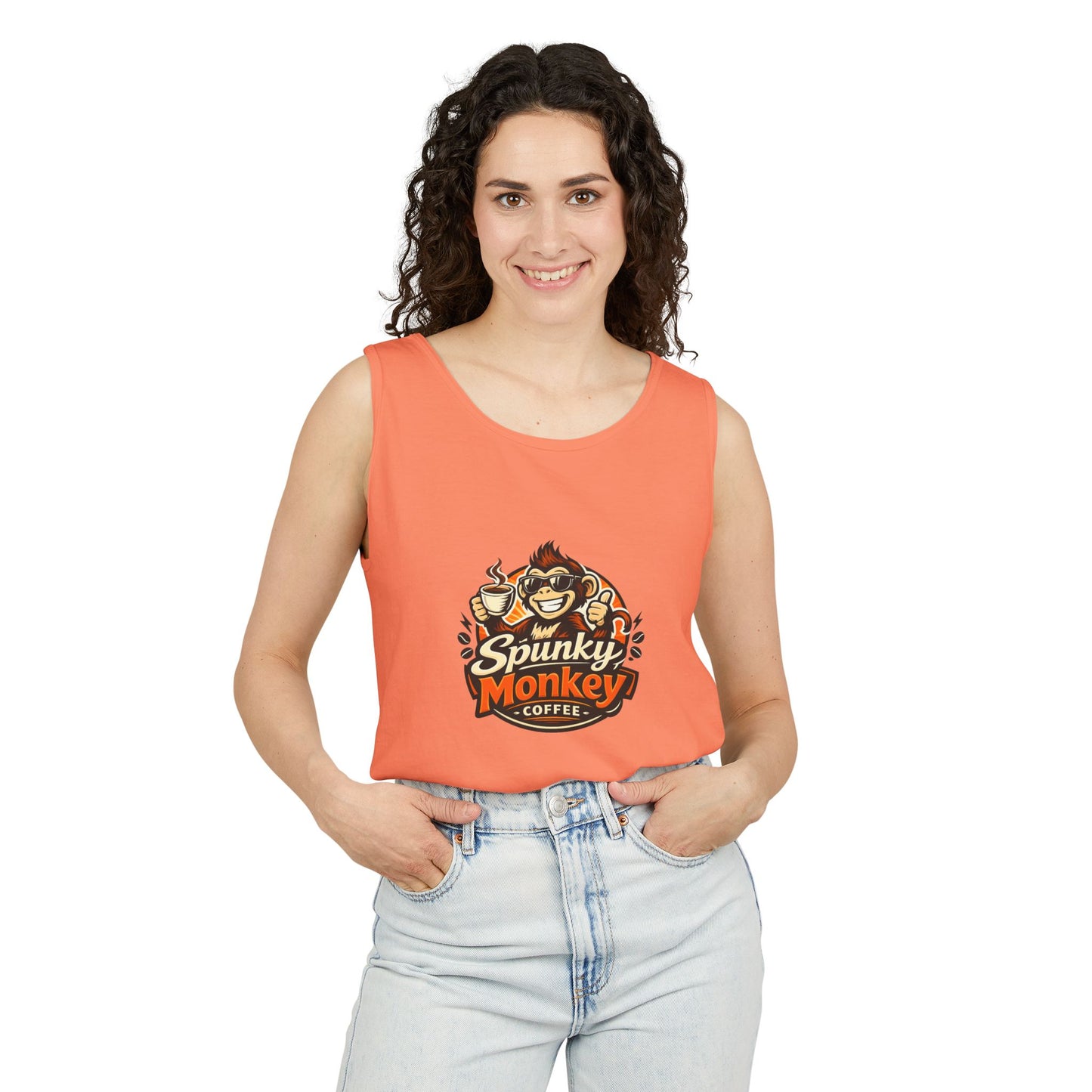 Spunky Monkey Coffee Logo Tank Top — "Get Spunky!" Retro Coffee Shop Graphic