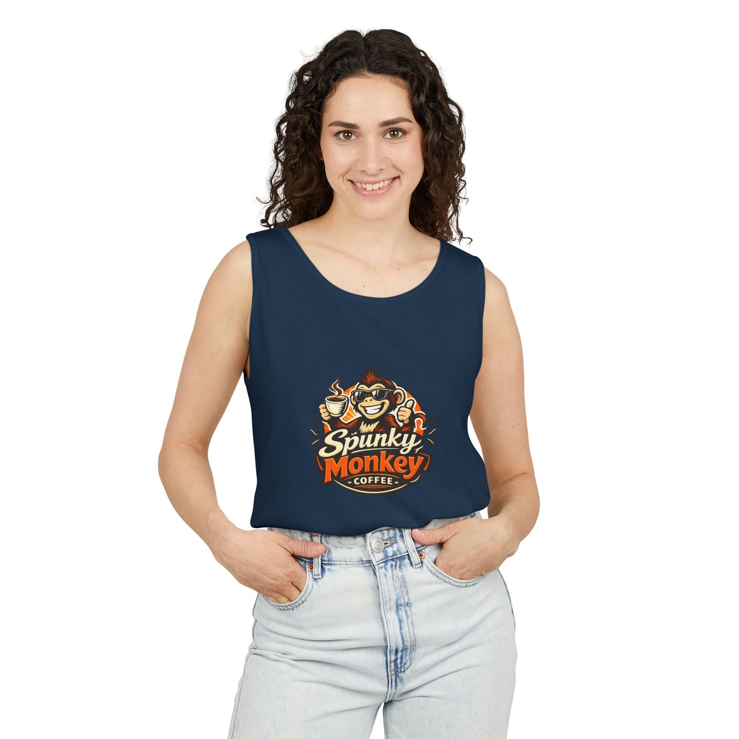 Spunky Monkey Coffee Logo Tank Top — "Get Spunky!" Retro Coffee Shop Graphic