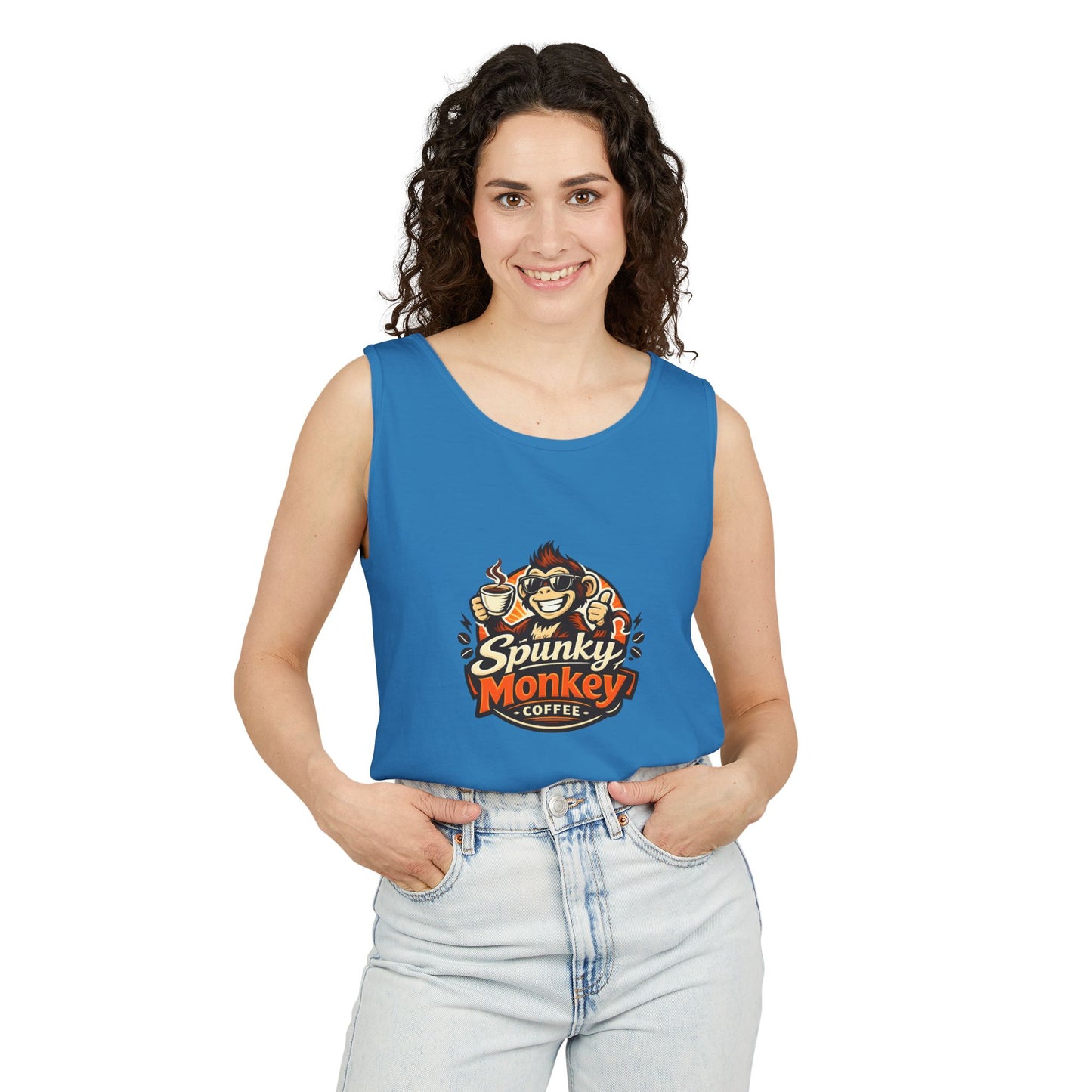 Spunky Monkey Coffee Logo Tank Top — "Get Spunky!" Retro Coffee Shop Graphic