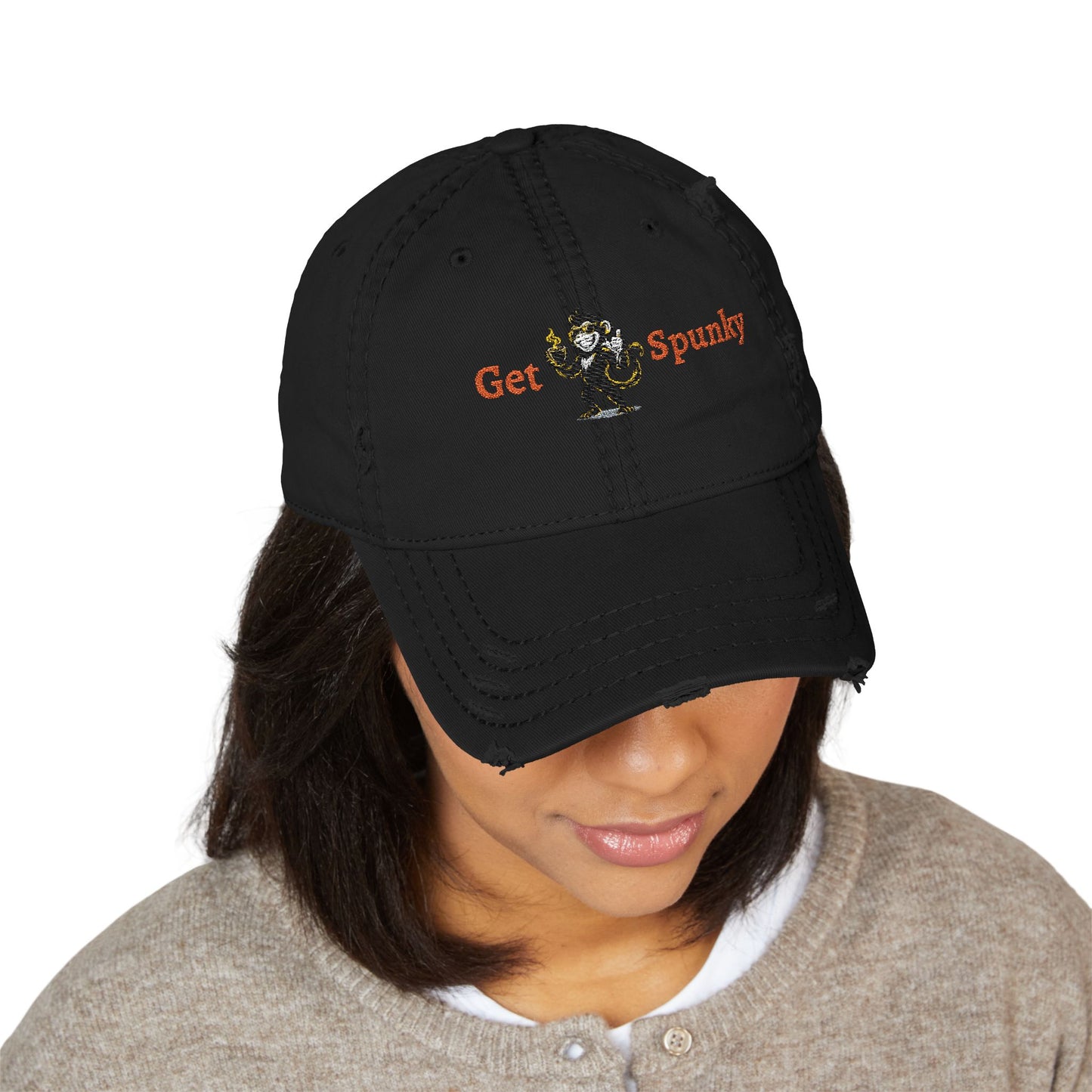 Spunky Monkey Embroidered Distressed Dad Hat
