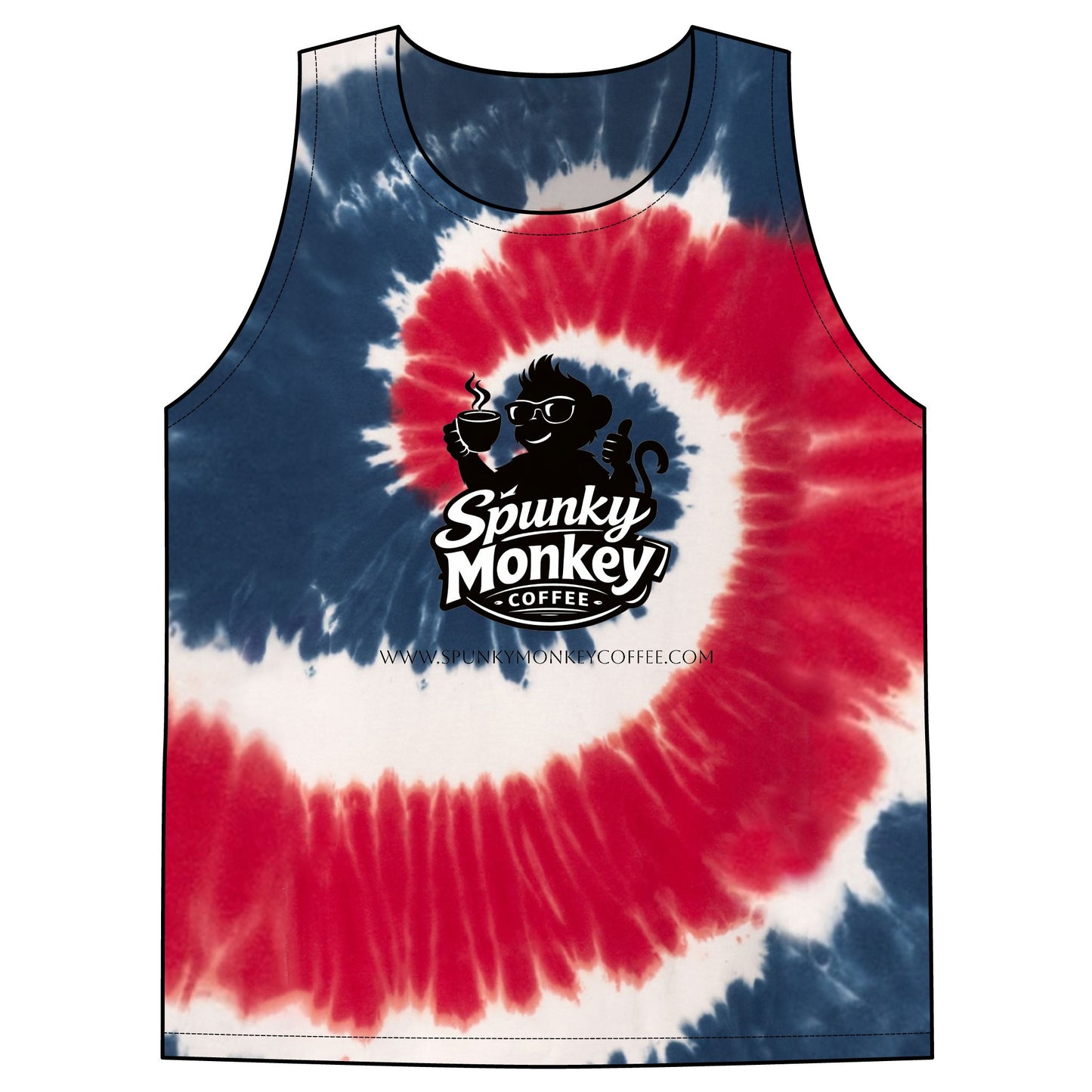 Spunky Monkey Coffee Tie-Dye Tank Top — Spunky Monkey Coffee "Be Spunky!" Spiral Logo Tee