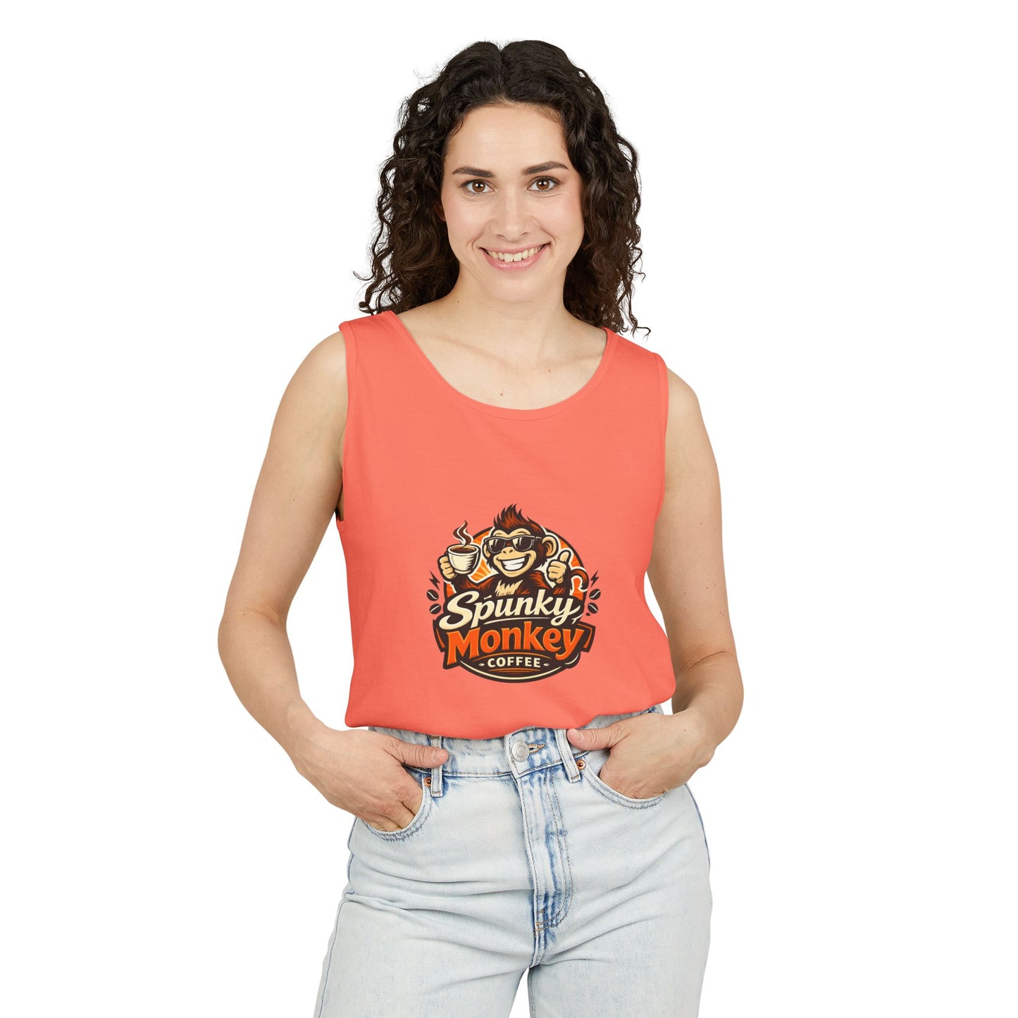 Spunky Monkey Coffee Logo Tank Top — "Get Spunky!" Retro Coffee Shop Graphic