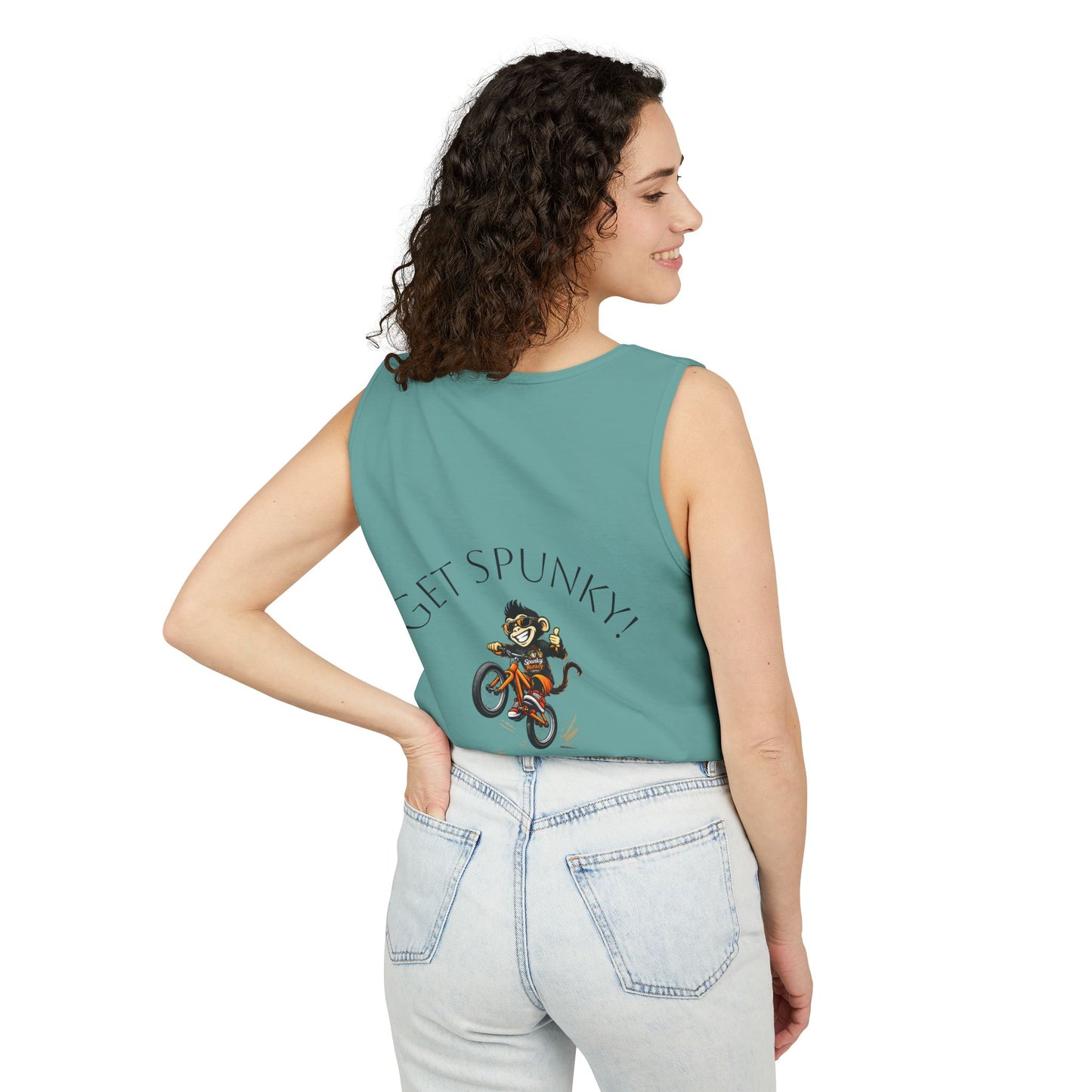 Spunky Monkey Coffee Logo Tank Top — "Get Spunky!" Retro Coffee Shop Graphic
