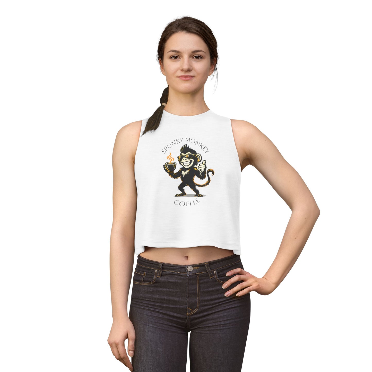 Spunky Monkey Coffee Crop Top — 'Spunky Monkey Coffee' Vintage Cafe Graphic