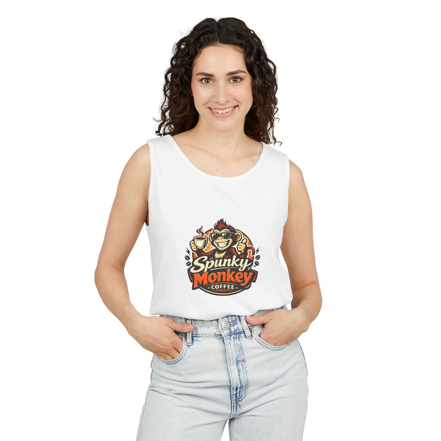 Spunky Monkey Coffee Logo Tank Top — "Get Spunky!" Retro Coffee Shop Graphic