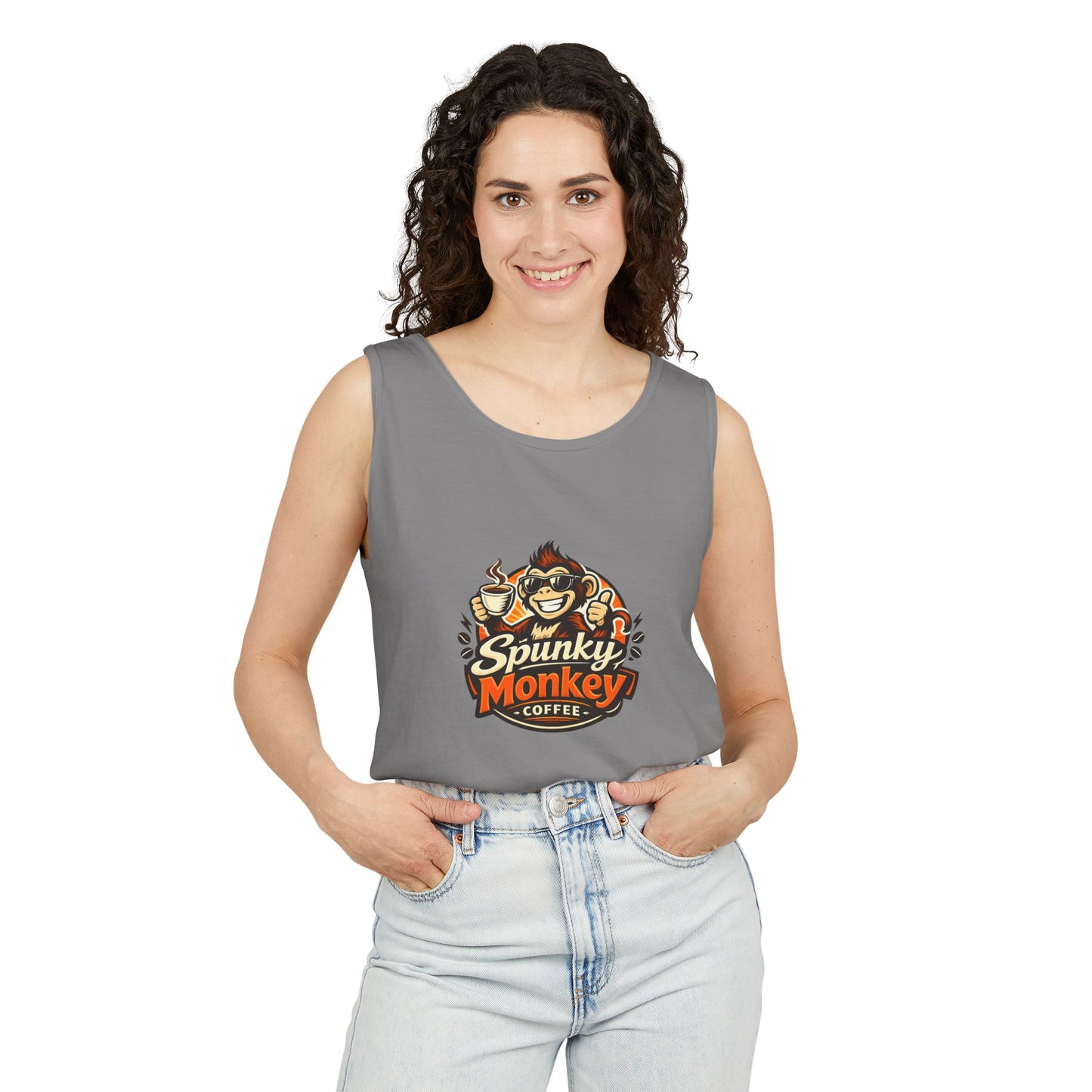 Spunky Monkey Coffee Logo Tank Top — "Get Spunky!" Retro Coffee Shop Graphic