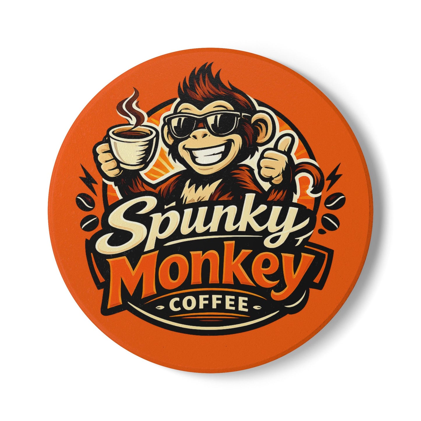 Spunky Monkey Ceramic Coaster — Retro Orange Logo Drink Mat