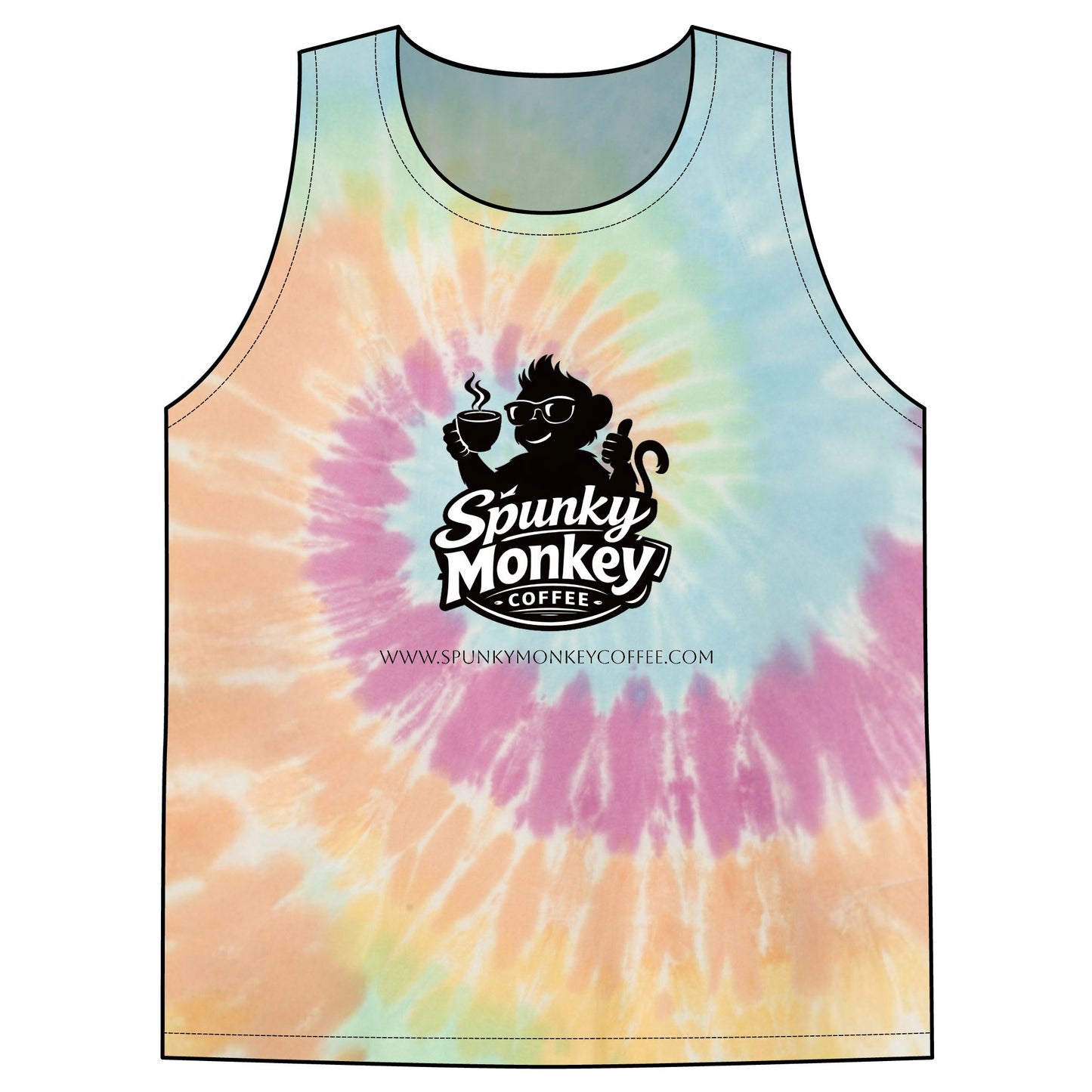 Spunky Monkey Coffee Tie-Dye Tank Top — Spunky Monkey Coffee "Be Spunky!" Spiral Logo Tee