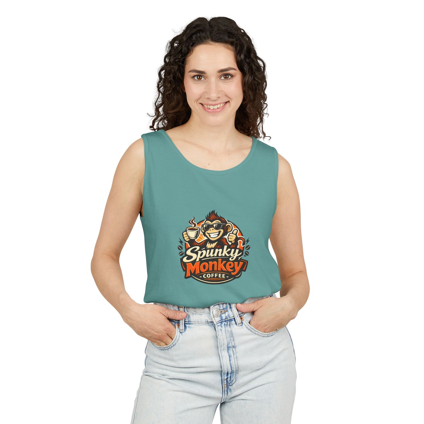 Spunky Monkey Coffee Logo Tank Top — "Get Spunky!" Retro Coffee Shop Graphic