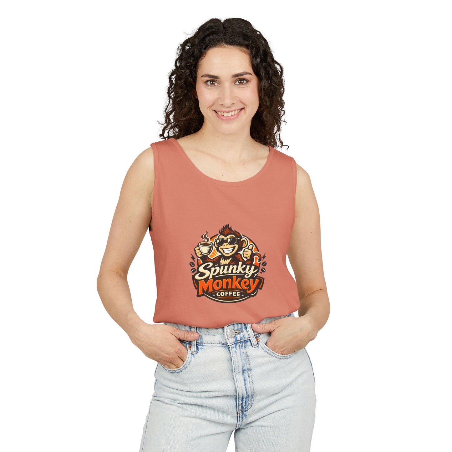 Spunky Monkey Coffee Logo Tank Top — "Get Spunky!" Retro Coffee Shop Graphic
