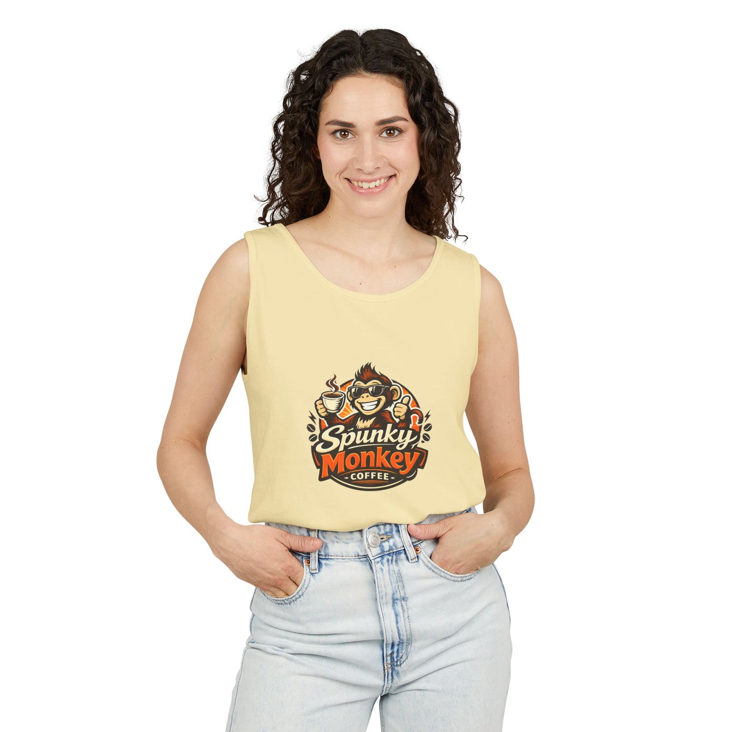 Spunky Monkey Coffee Logo Tank Top — "Get Spunky!" Retro Coffee Shop Graphic