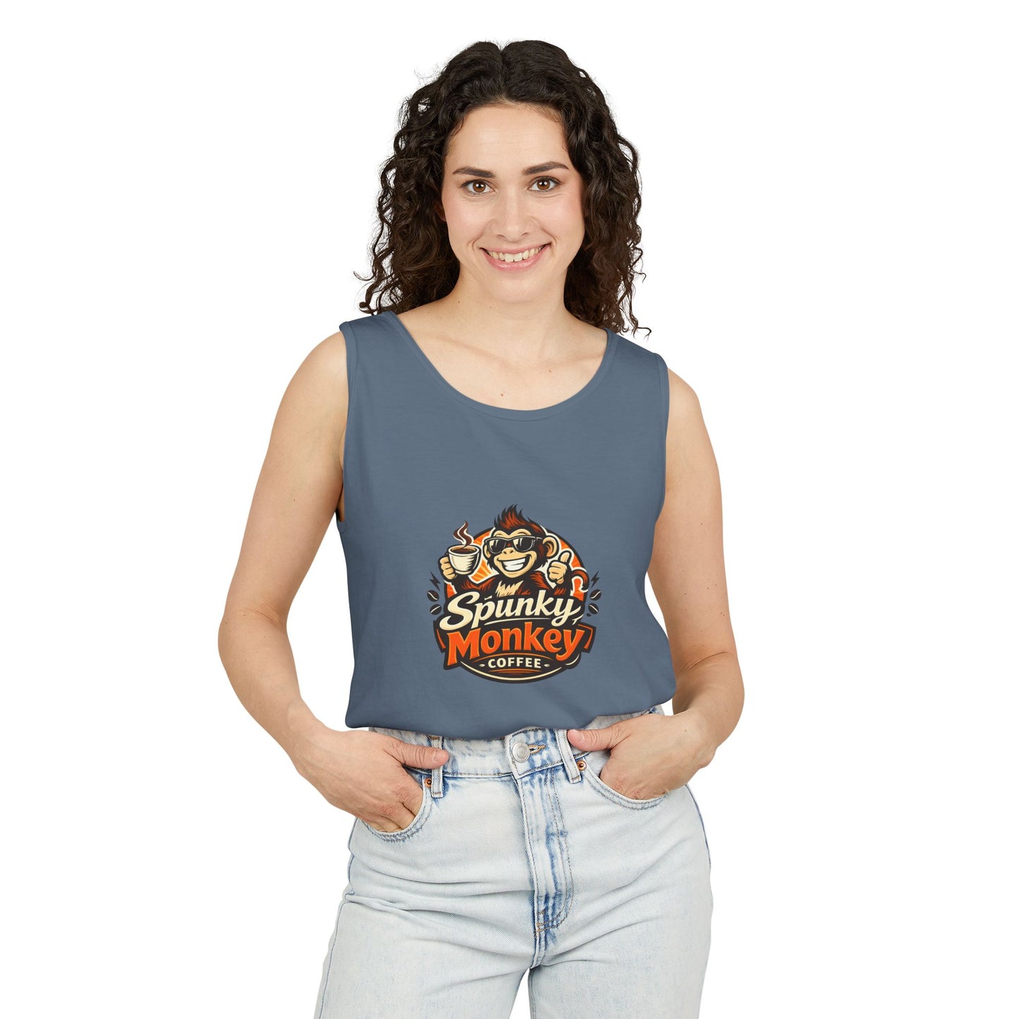 Spunky Monkey Coffee Logo Tank Top — "Get Spunky!" Retro Coffee Shop Graphic