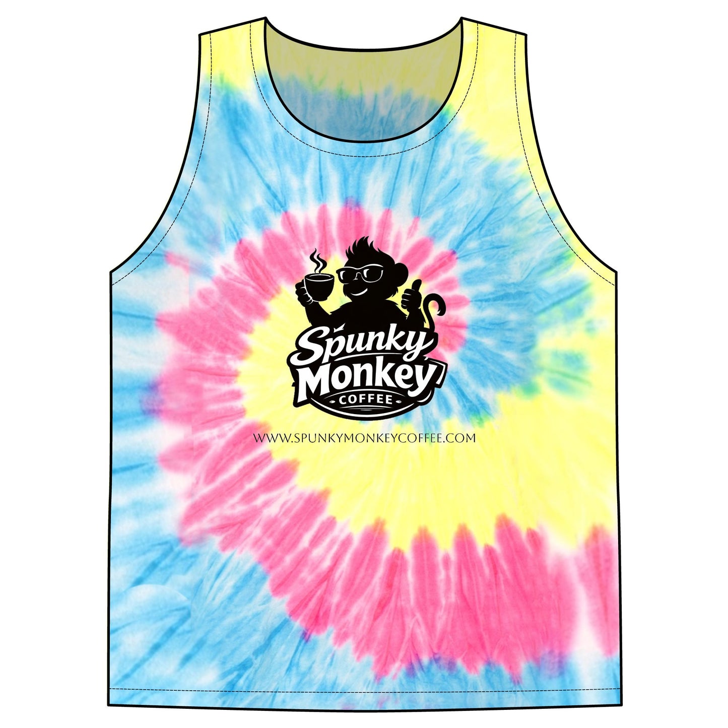 Spunky Monkey Coffee Tie-Dye Tank Top — Spunky Monkey Coffee "Be Spunky!" Spiral Logo Tee