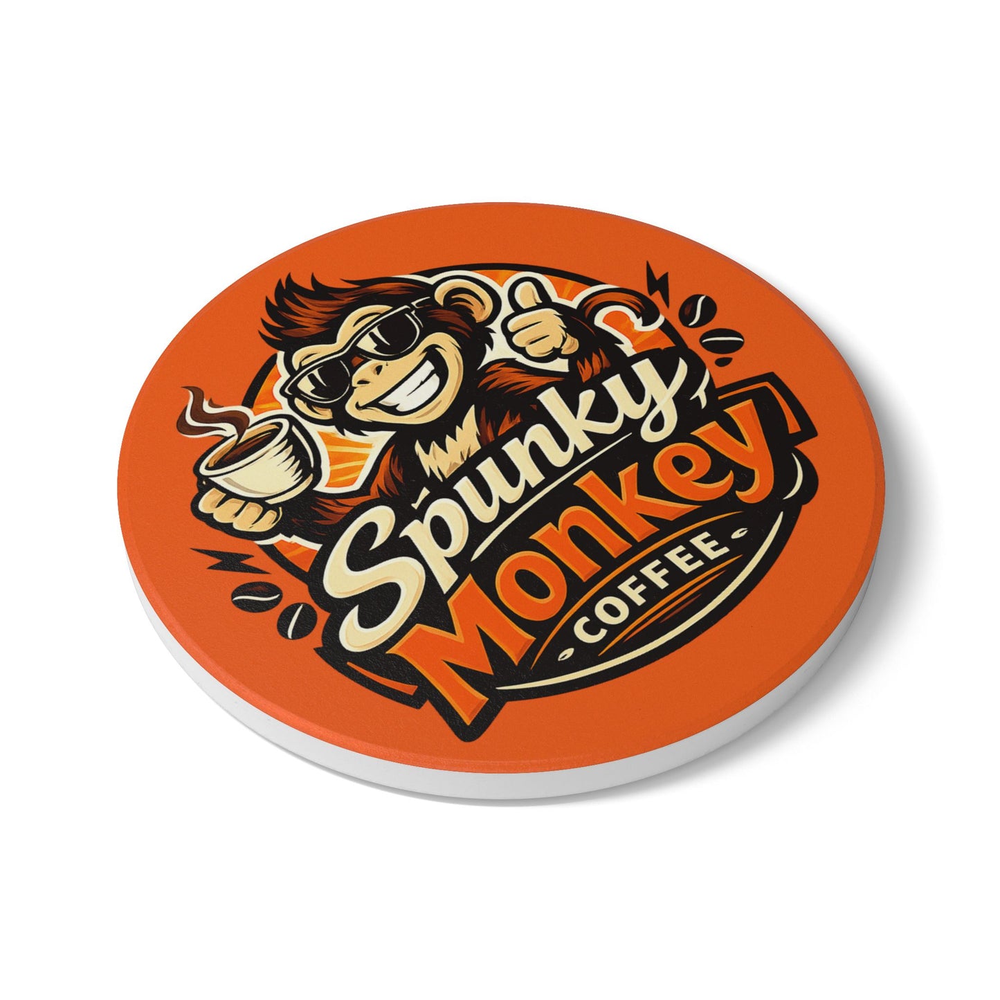 Spunky Monkey Ceramic Coaster — Retro Orange Logo Drink Mat