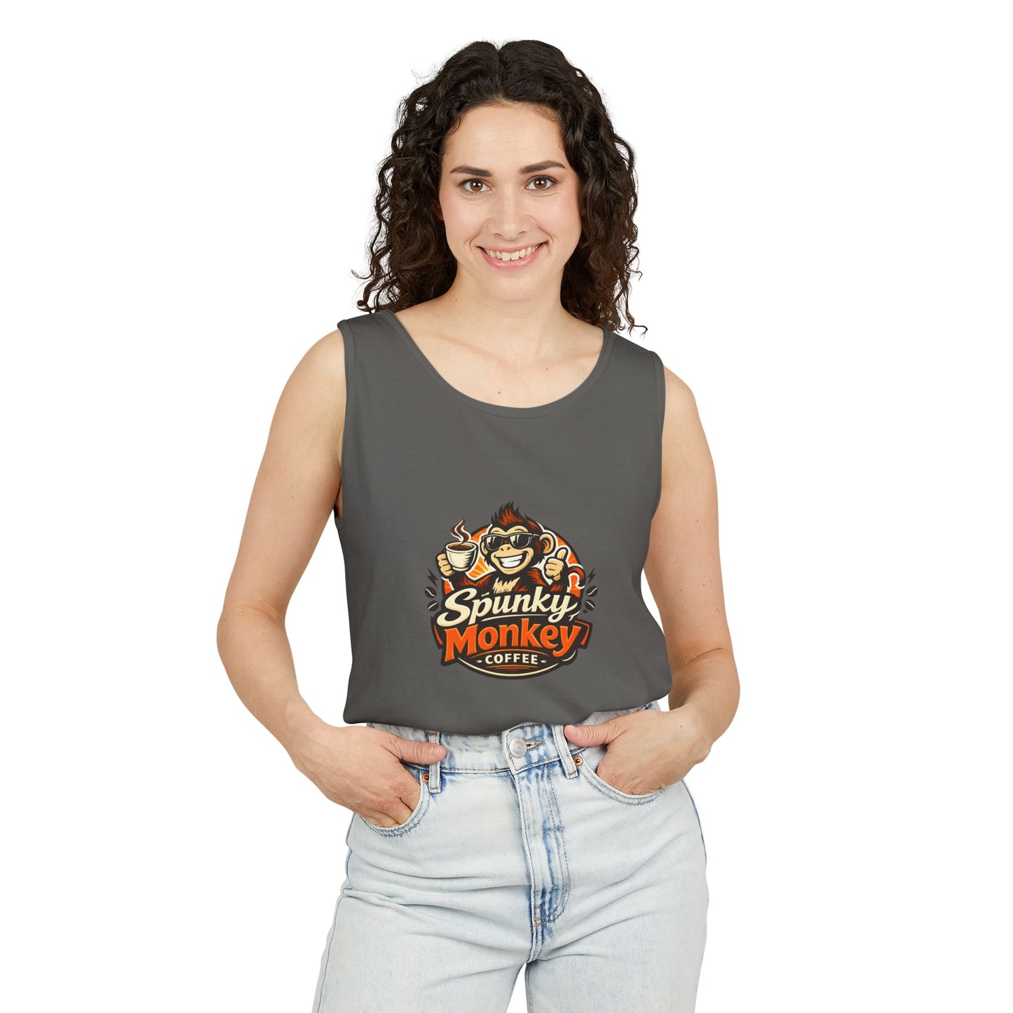 Spunky Monkey Coffee Logo Tank Top — "Get Spunky!" Retro Coffee Shop Graphic