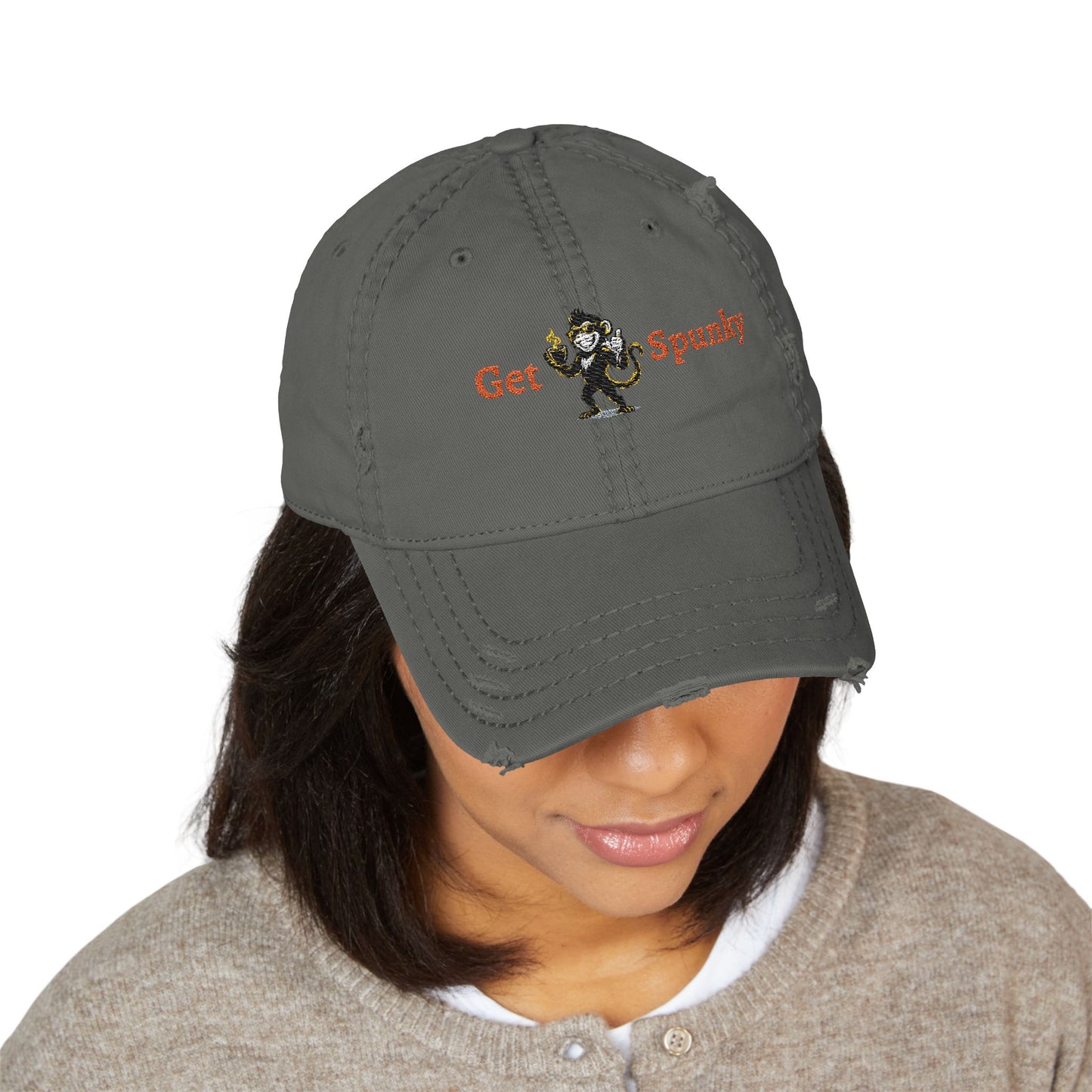 Spunky Monkey Embroidered Distressed Dad Hat