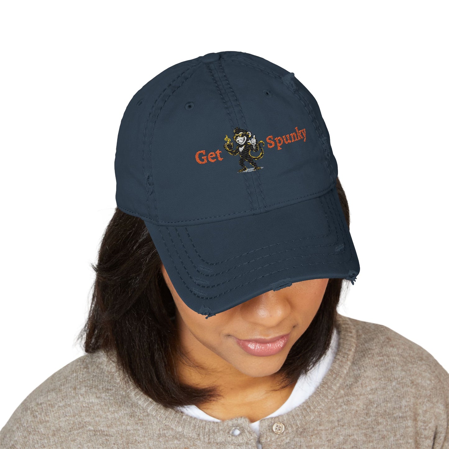 Spunky Monkey Embroidered Distressed Dad Hat