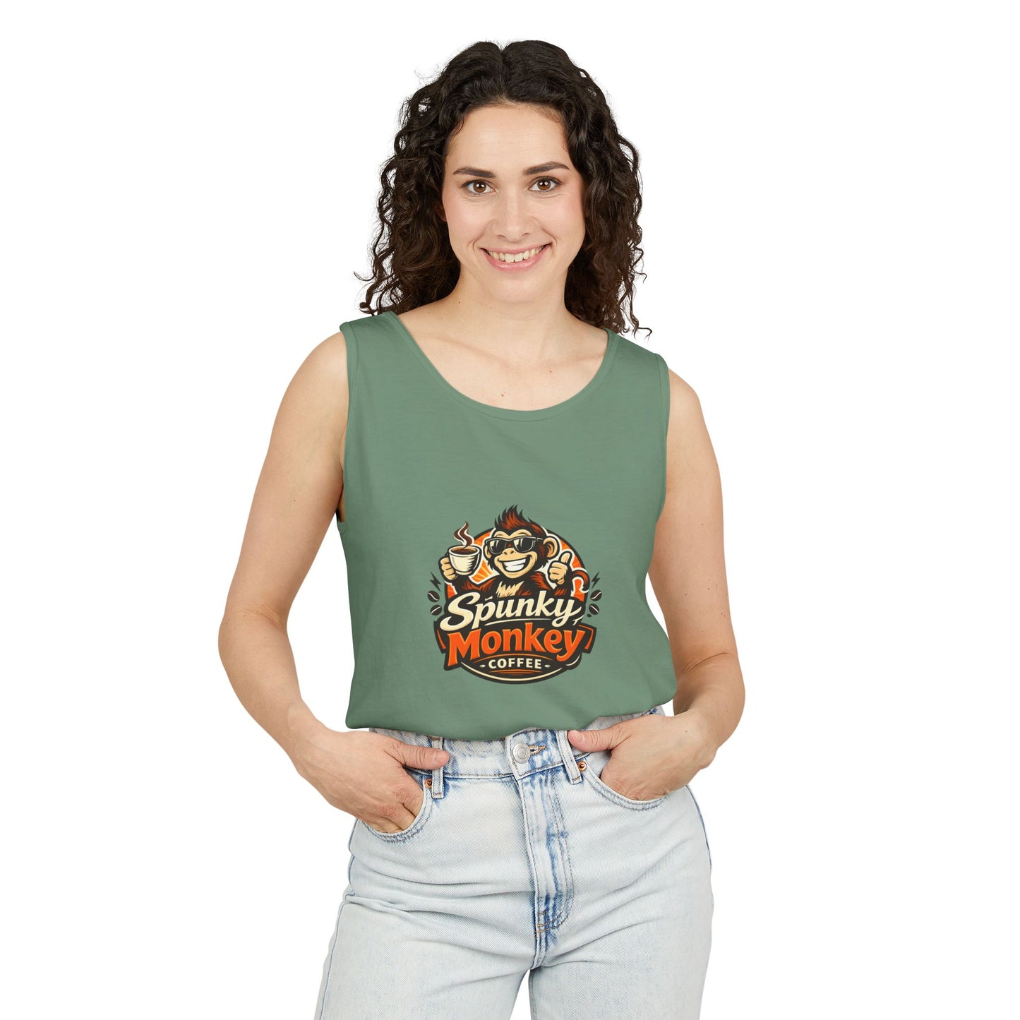 Spunky Monkey Coffee Logo Tank Top — "Get Spunky!" Retro Coffee Shop Graphic