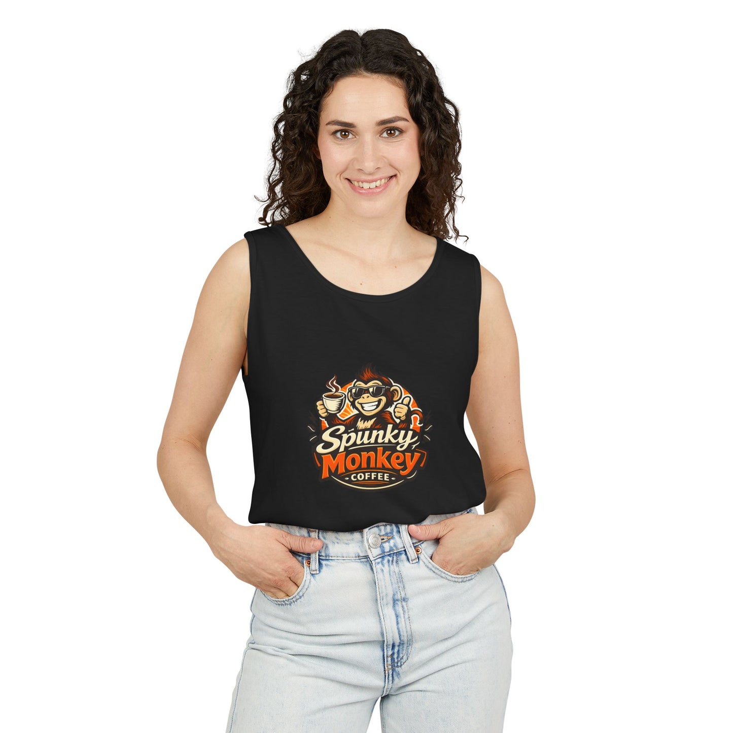 Spunky Monkey Coffee Logo Tank Top — "Get Spunky!" Retro Coffee Shop Graphic