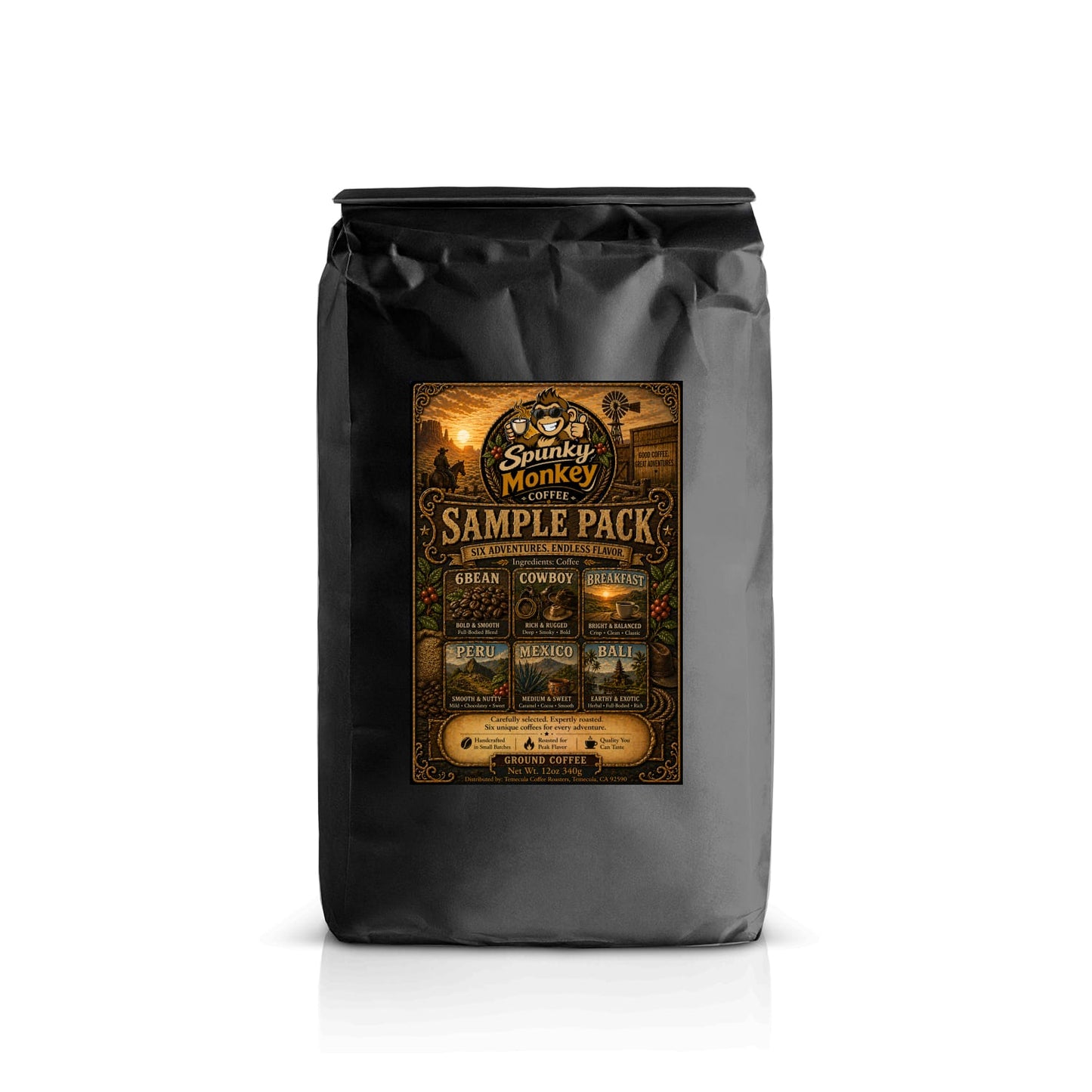 Best Sellers Sample Pack: 6Bean, Cowboy, Breakfast, Peru, Mexico, Bali Ground Coffee